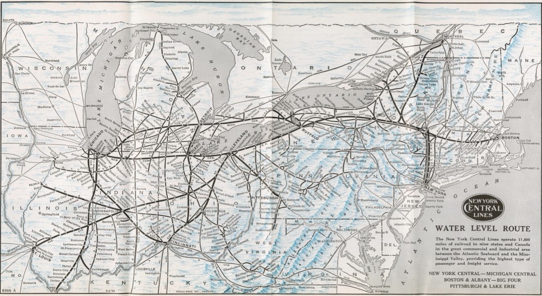 An illustrated diagram super imposed on a map of the American Northeast and southen Ontario made by New York Central Railroad describing the coverage of service on its Water Level Route between Chicago, St Louis, and New York City.